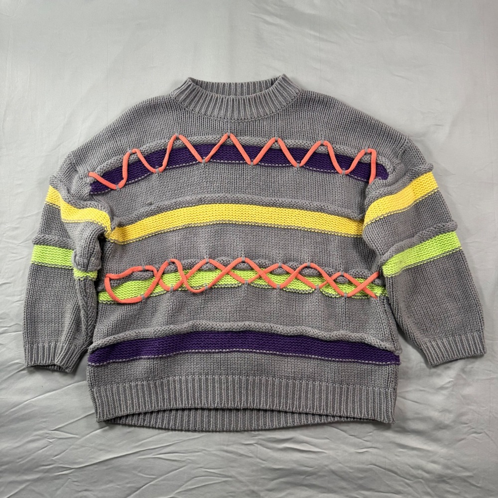 Vintage Grey Multicolor Striped Chunky Knit Sweater Neon Rope Detail Nickelodeon